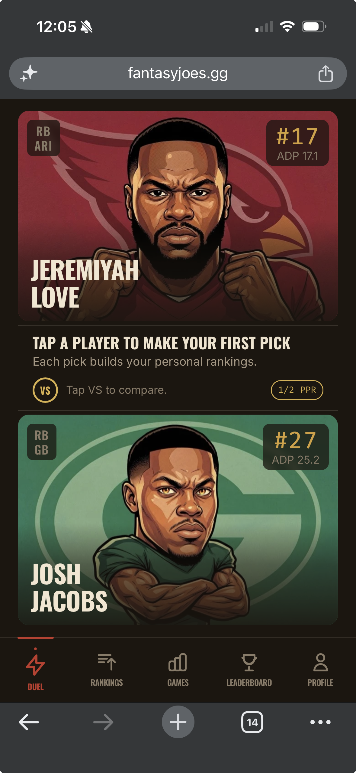 Fantasy Joes duel screen: Jeremiyah Love versus Josh Jacobs, tap the one you'd rather draft