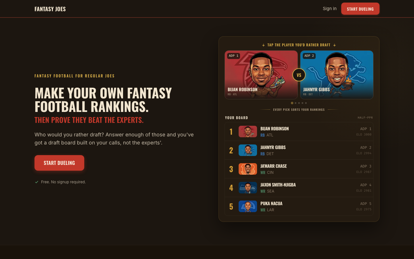 The homepage — make your own rankings, then see how they stack up