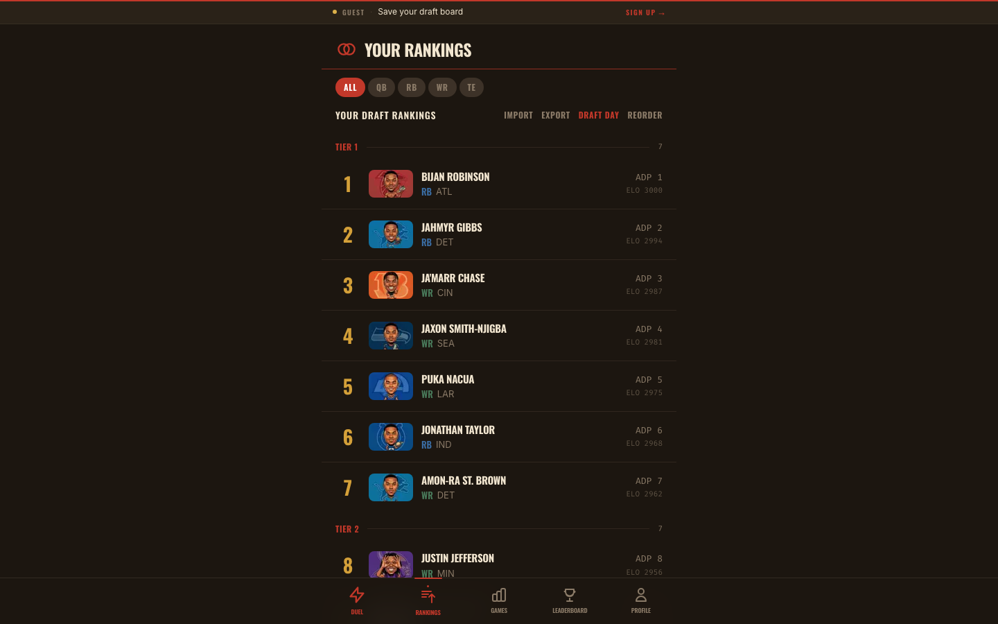 Your rankings, tiered, with ADP and Elo side by side