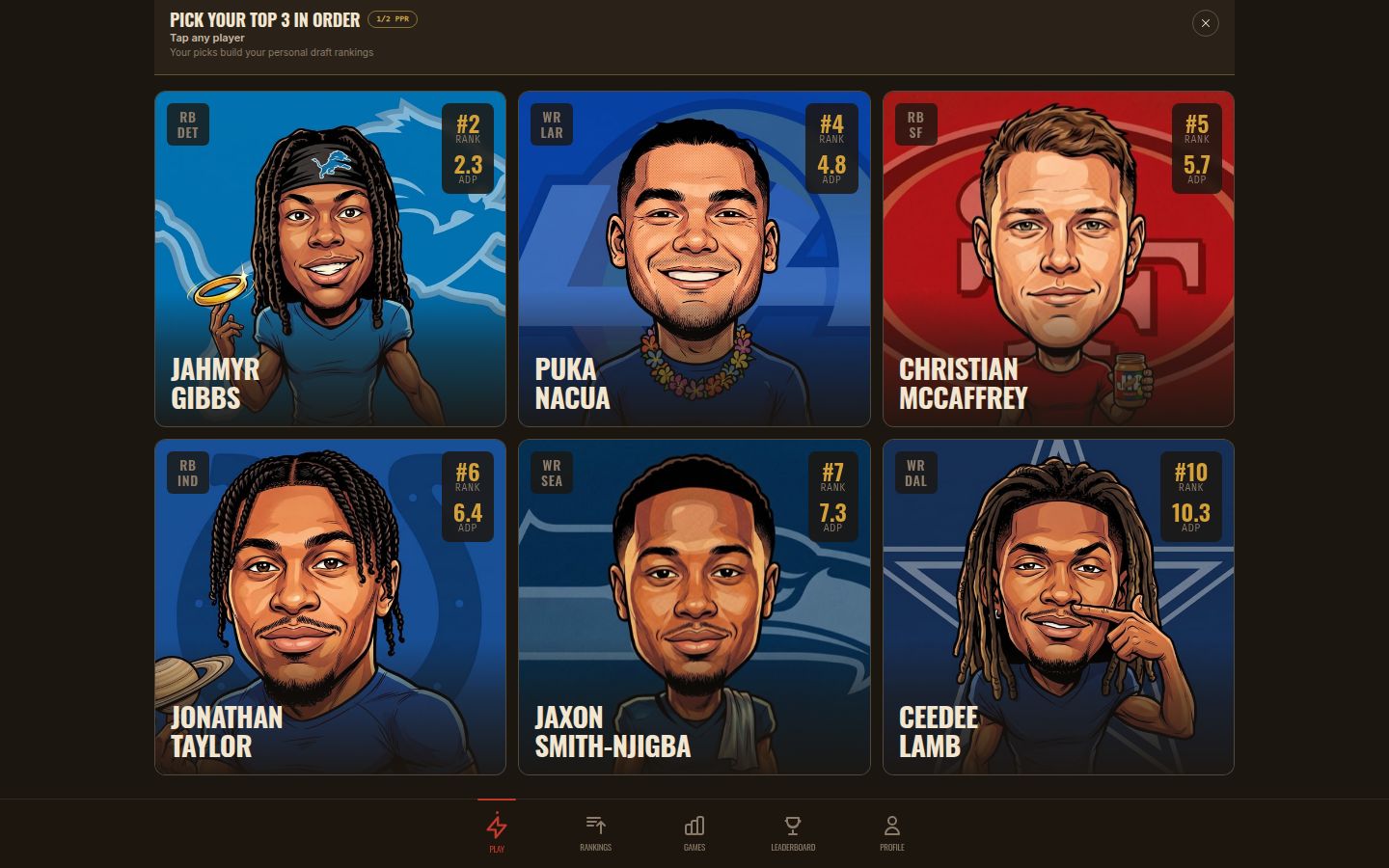 Fantasy Joes: six player cards, pick your top three in order
