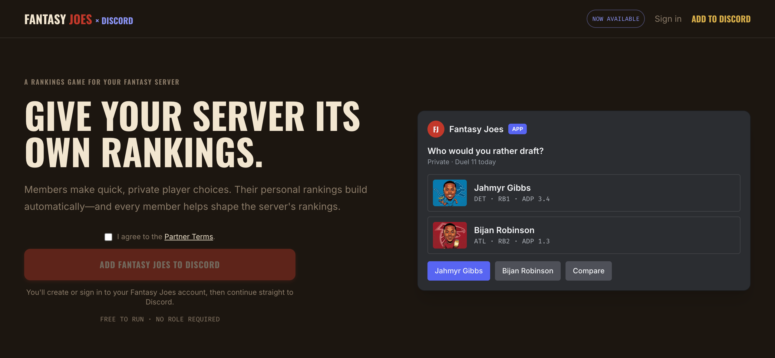 The Fantasy Joes Discord bot on the /discord page: a "who would you rather draft" duel card with comic headshots, ADP, and Jahmyr Gibbs / Bijan Robinson / Compare buttons